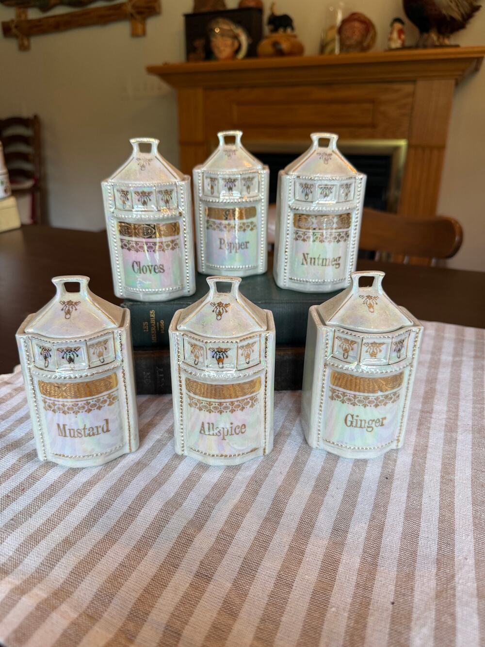Vintage German 1930's Pearl Lusterware with gold accent 6 piece Spice Set